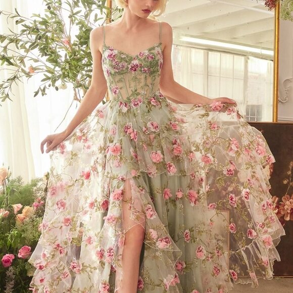 Sage Green formal dress. Prom dress. Floral print organza long new lace up back